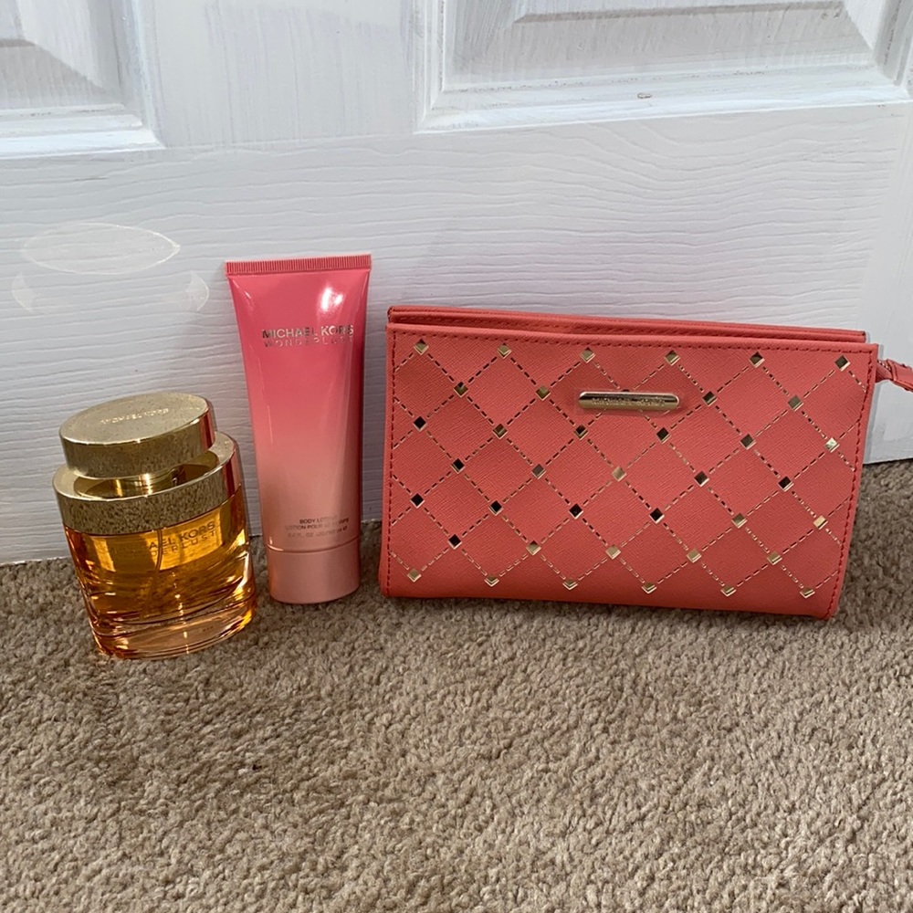 Michael Kors wonderlust perfume, lotion, and makeup bag